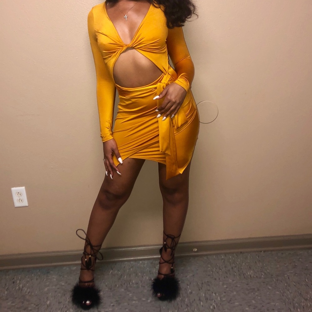 Yellow Wrap-Tie Cut Out Dress